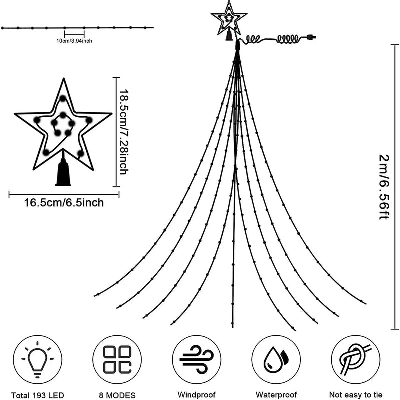 Luzes em Cascata de Estrela de Cinco Pontas