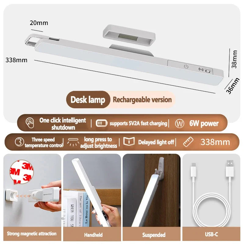 Luminária de Leitura LED Magnética com 3 Cores Ajustáveis Carregamento USB • Design Branco Moderno Ideal para Mesas de Escritório e Guarda-roupas