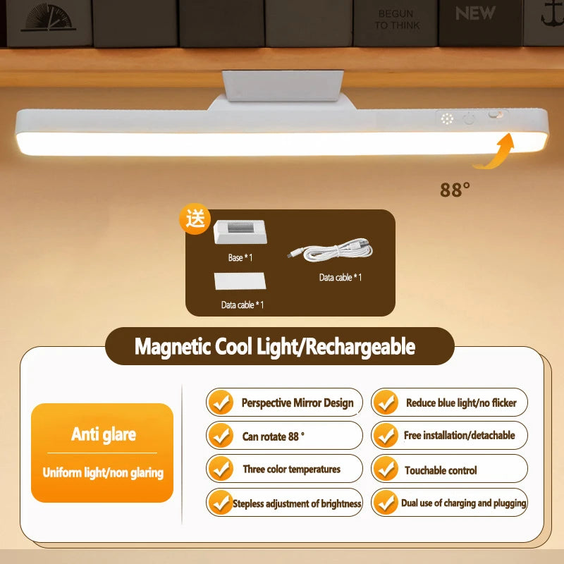 Luminária de Leitura LED Magnética com 3 Cores Ajustáveis Carregamento USB • Design Branco Moderno Ideal para Mesas de Escritório e Guarda-roupas