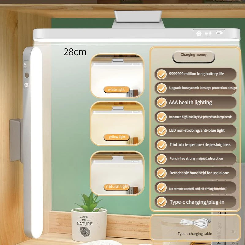 Luminária de Leitura LED Magnética com 3 Cores Ajustáveis Carregamento USB • Design Branco Moderno Ideal para Mesas de Escritório e Guarda-roupas