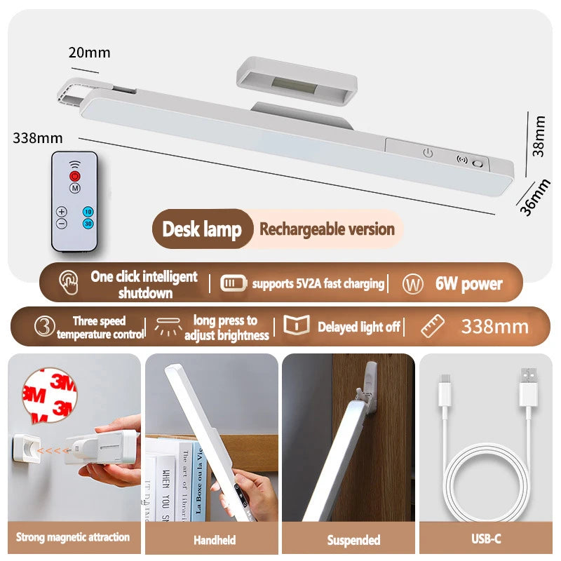 Luminária de Leitura LED Magnética com 3 Cores Ajustáveis Carregamento USB • Design Branco Moderno Ideal para Mesas de Escritório e Guarda-roupas